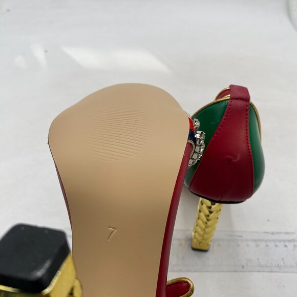 FSJ Women Flower Gold Metal Chain Chunky High Heels Ankle Strap Sandal Red Green - Picture 6 of 8